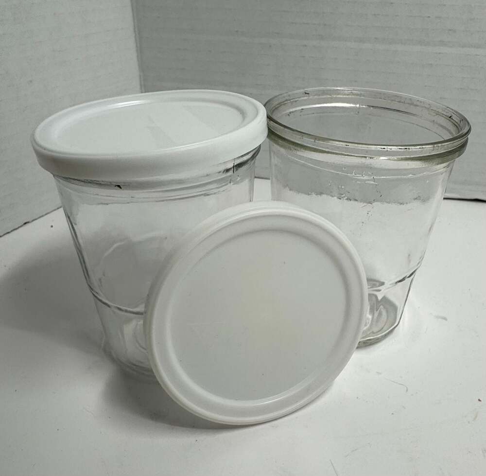 Vintage Ball Glass Jelly Jars with White Lids, Set of 2